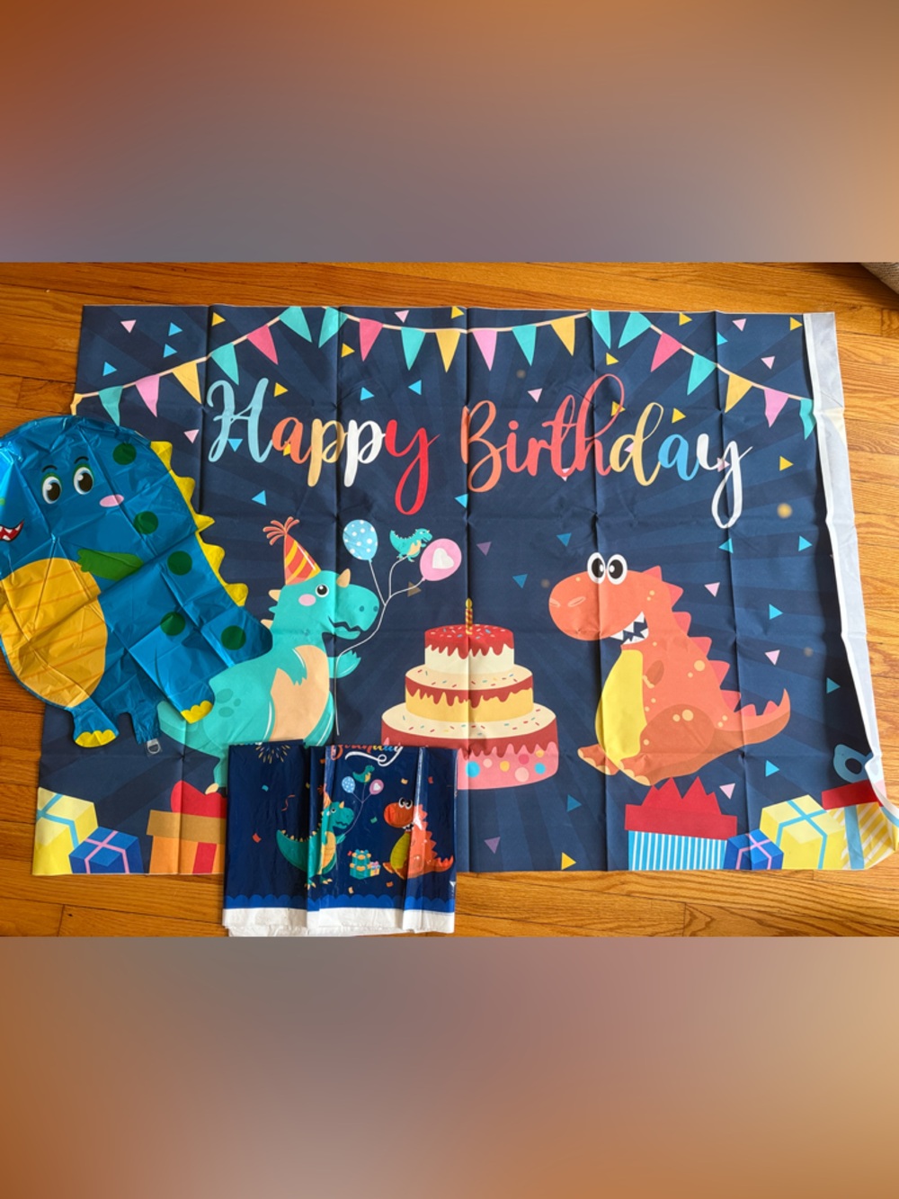 Dinosaur Birthday Party Backdrop - Navy with Colorful Dinosaurs